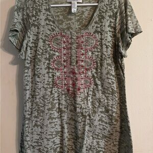 Style & Co. Green Camo Top with Red Embroidery